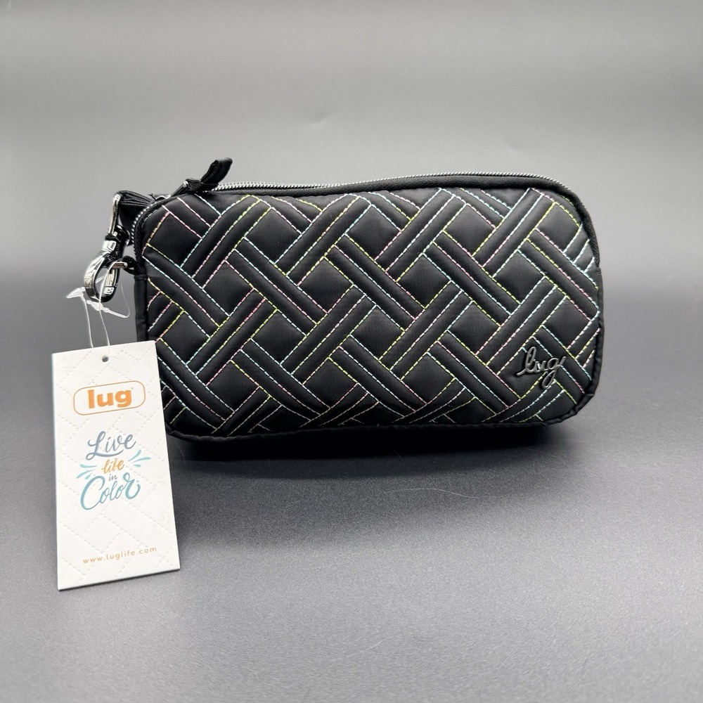 Lug Coupe XL Crossbody Wallet Black Rainbow Stitch RFID Travel Organizer NWT